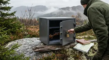 Åpent våpenskap med rifle innelåst bak en tykk ståldør med hengelås, mens en jeger låser skapet