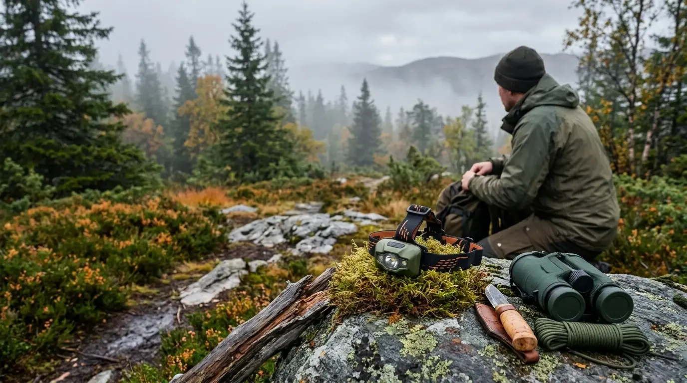 Hodelykt lagt på en mosekledd stein sammen med kikkert, jaktkniv og tau, med en jeger og skogsterreng i bakgrunnen
